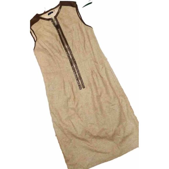 Magaschoni Collection size 10 tan wool sleeveless shift dress leather trim ~ X4 - Picture 1 of 4